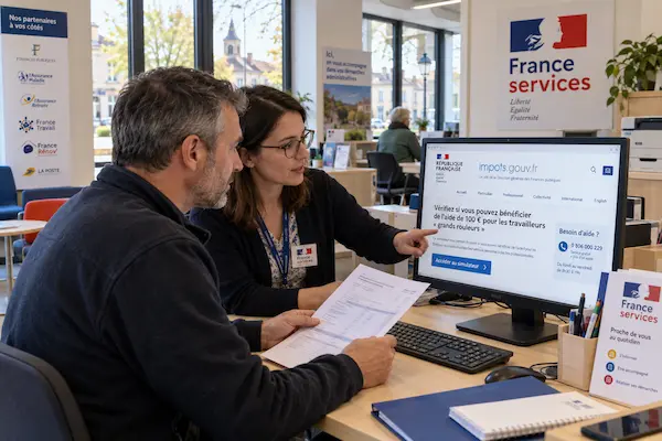 Conseillère France Services accompagnant un automobiliste dans ses démarches pour l’aide carburant de 100 € sur impots.gouv.fr 