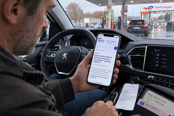 Conducteur consultant Service-Public sur son smartphone pour vérifier le versement automatique de l’aide carburant de 100 €.