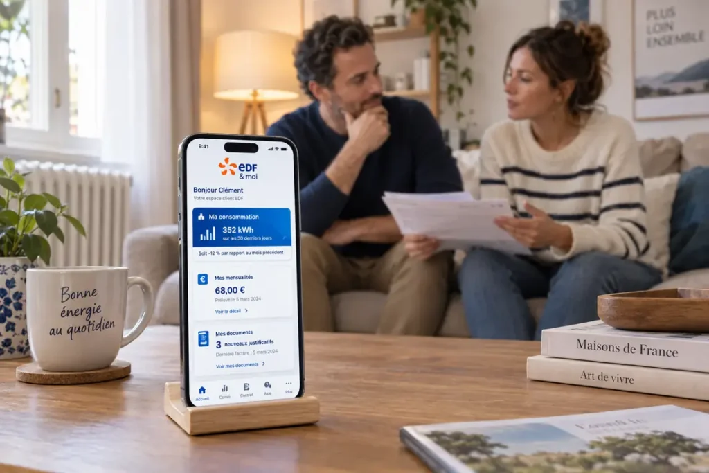 Application EDF & Moi sur un smartphone affichant la consommation, les mensualités et les justificatifs, devant un couple dans son salon.