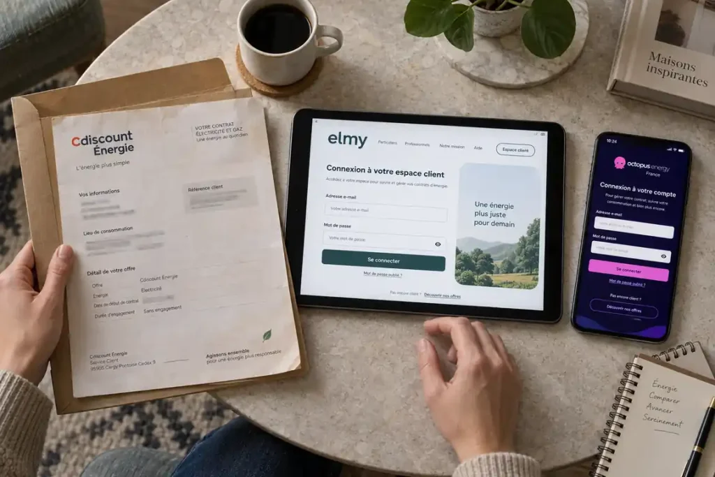 Document Cdiscount Énergie à côté des pages de connexion elmy sur tablette et Octopus Energy sur smartphone