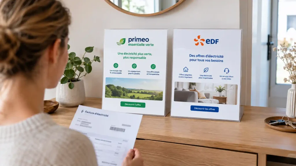 Comparatif des offres d’électricité Primeo Essentielle Verte et EDF dans une entrée de maison