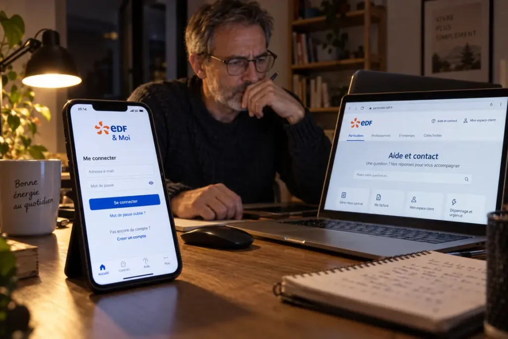 Homme consultant l’aide EDF sur ordinateur et l’écran de connexion EDF & Moi sur smartphone pour résoudre un problème d’accès