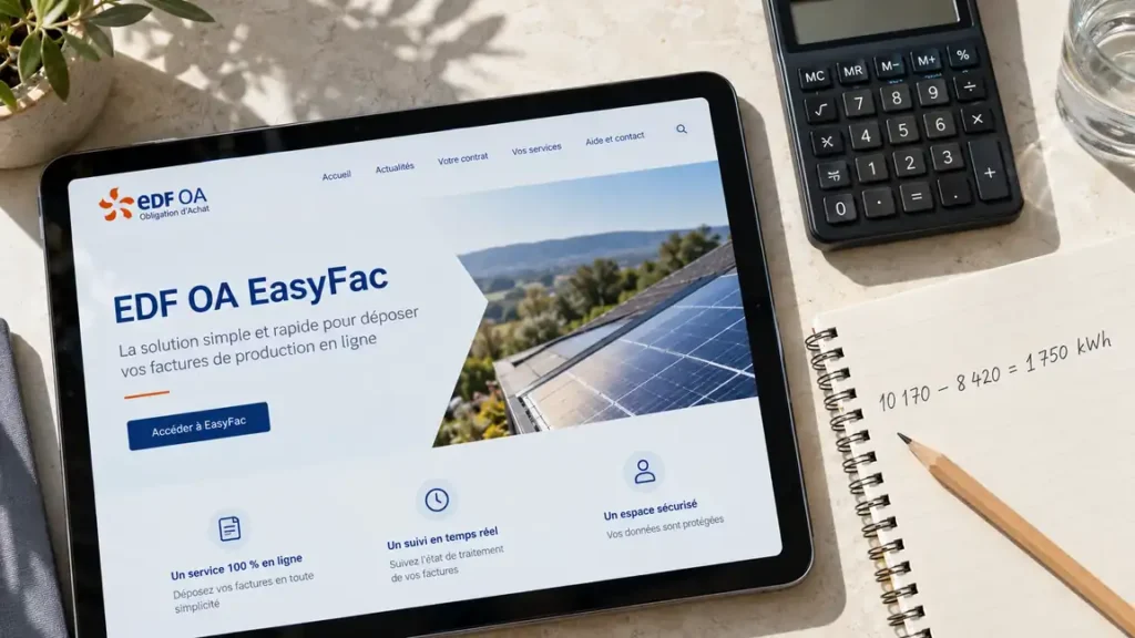 Service EasyFac EDF OA sur tablette, avec une calculatrice et un carnet pour vérifier la production solaire en kWh avant facturation.