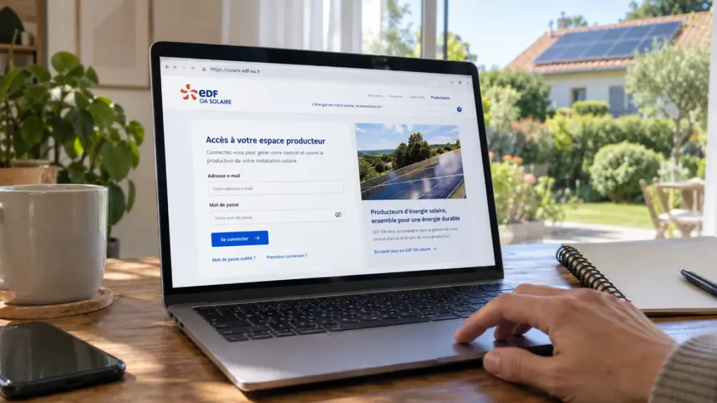 Connexion à l’espace producteur EDF OA Solaire sur un ordinateur portable, avec une toiture photovoltaïque en arrière-plan
