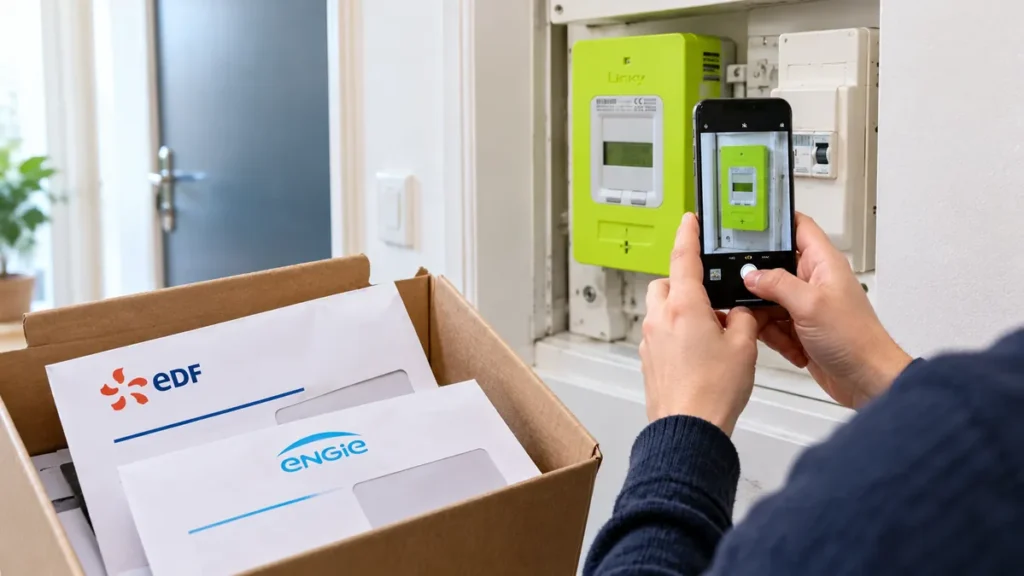 Relevé du compteur Linky lors d’un déménagement avec smartphone et documents de facturation EDF et ENGIE
