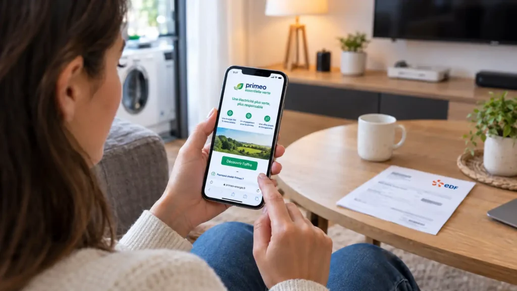 Une personne consulte une offre d’électricité Primeo sur son smartphone à côté d’une facture EDF dans son salon